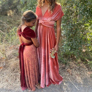 Custom Girl's Lace and Velvet Multiway Wrap Dress- Little to big Girl's Long Aline Maxi- Persimmon, Blood Orange, Burgundy, Rust, Champagne,