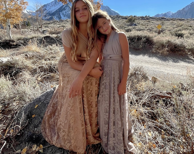 Featured listing image: Metallic, Champagne Toned- Junior's, Lace Infinity Multiway Wrap Dress- Long Aline Maxi-Custom choose fabrics~Childs, Flowergirl, Bridesmaid
