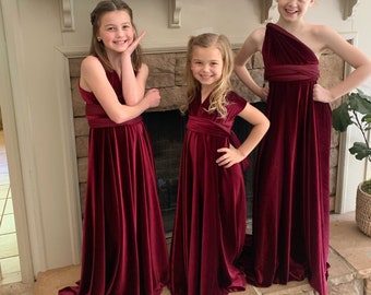 Girl's Full Length Velvet Multiway Dress- 18+ Colors- Junior Bridesmaid's, Flower Girl, Holiday, Fall, Spring, Tall, Jr., Childs