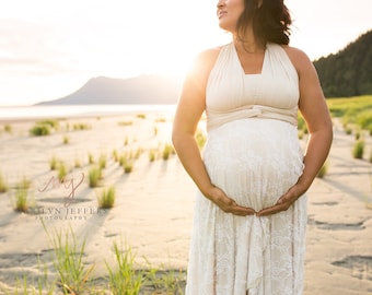 Maternity Boho Tulipcut Lace and Satin Infinity Wrap Dress~ No Train ~Beach Wedding Gown, Elopement, Bridesmaids, Maternity,Family Photo