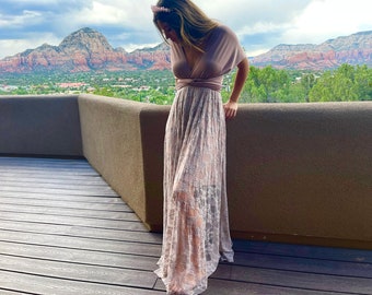 Earth Tone Lace w/ Short Mini Underskirt Infinity Wrap Dress: Convertible Multiway Gown