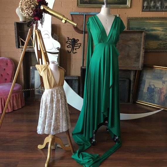 Tulip Hem Infinity Wrap Dress: Jewel Toned, Emerald Convertible Gown. Custom Handmade in California