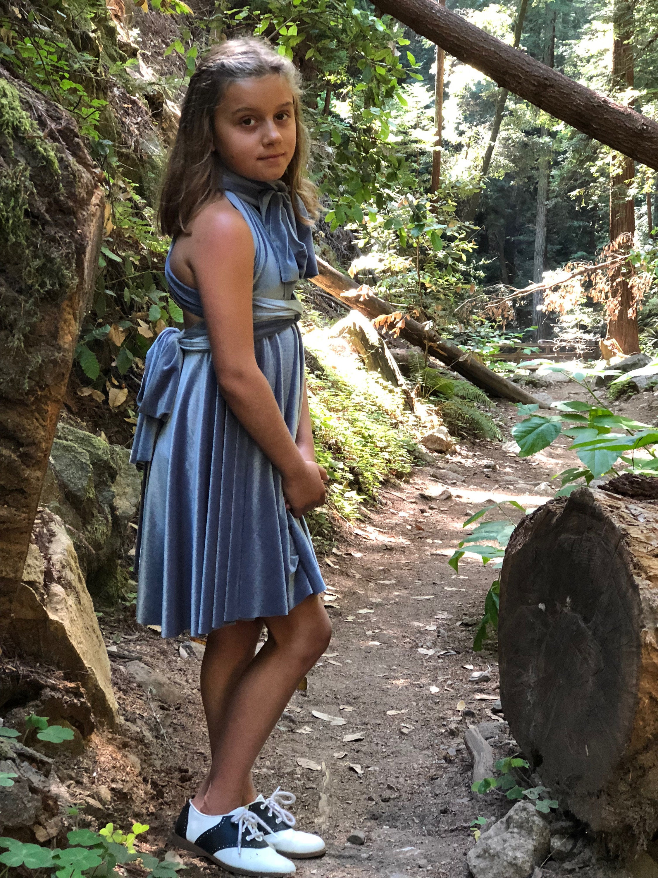 Ready Made Dusty Blue Velvet Girl s Storybook Short Velvet Infinity Twirl Wrap Dress Narnia Flower Girl