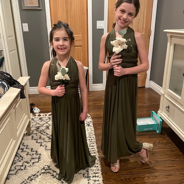 Girl's Floor Length Long Multiway Infinity Wrap Dress- 25+ Colors~Olive, Champagne, Child- Tween, Bridesmaids, Flower girl, etc.