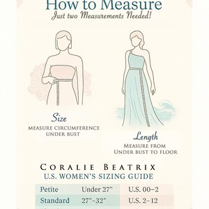 A guide on how to measure for a dress. The image shows two illustrations demonstrating how to measure under the bust for size and from under the bust to the floor for length. A sizing guide is included, detailing measurements for Petite, Standard, Plus Size, and Custom Plus sizes, along with corresponding U.S. sizes.