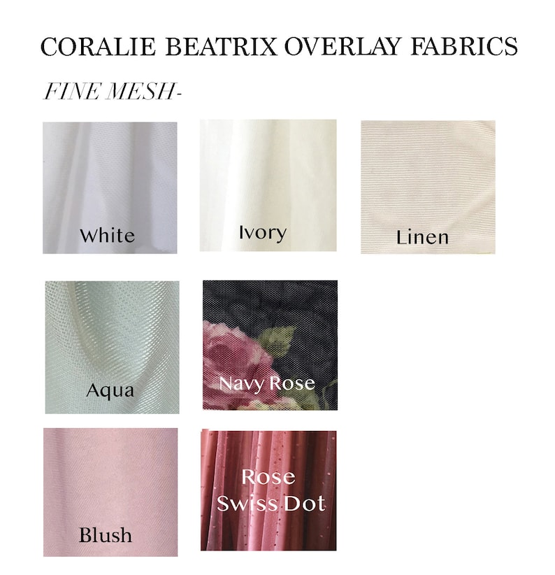 Mesh fabrics availablk in polkadot, floral, ivory, linen, blush, aqua, white