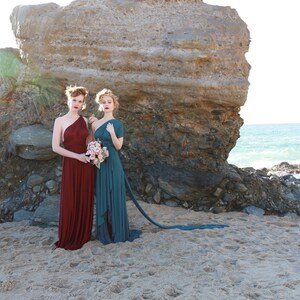 2 Regal Woman on the shoreline  in Mermaid dresses- Teal and Burgundy =
Vintage theme party dress- from 1920s Gatsby, Flapper, to 1970s Bohemian, to Cocktail formal.