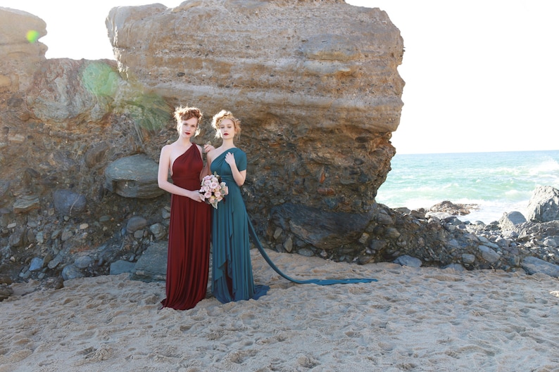 2 Regal Woman on the shoreline  in Mermaid dresses- Teal and Burgundy =
Vintage theme party dress- from 1920s Gatsby, Flapper, to 1970s Bohemian, to Cocktail formal.