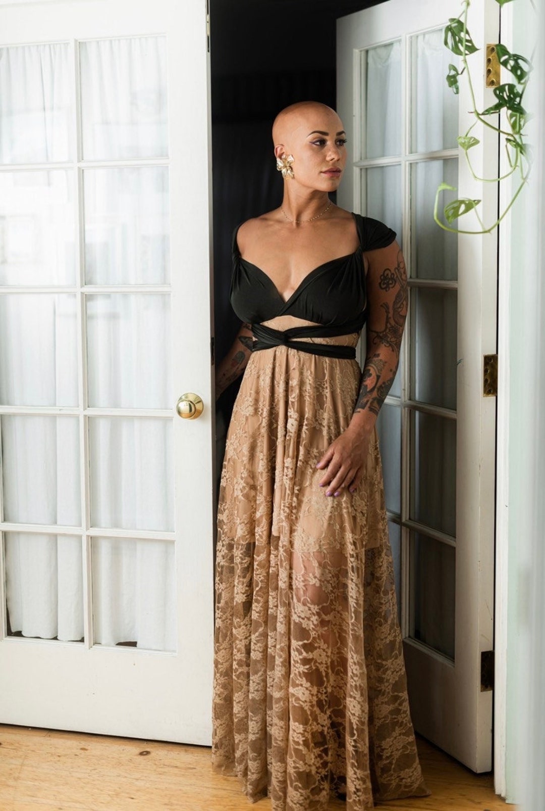 ivory lace long dress A Line V Neck Ivory Lace Long Prom Wedding Dress with High Slit, Ivory –  abcprom main image 0