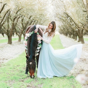 Spring photo of girl with horse In Aqua, Something blue whimsical chiffon skirt.