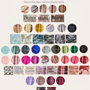 A chart of lace fabric swatches  'White', 'Ivory', 'Light Grey'Mocha', 'Brown', 'Oyster', Dusty Sage, 'Seafoam', 'Mint Polkadot', 'Peach Polkadot', 'Mauve', 'Heather Ruffle', 'Wisteria Ruffle', 'Dusty Peach Ruffle', 'Persimmon', 'Rust', 'Dusty Rose', 'Rose Swiss Dot', 'Peacock', 'Navy', Dusty ‘Sage, Emerald, Forest Green', 'Black', 'Black Floral', Plum, mauve, peach polkadot, mint polkadot White polkadot