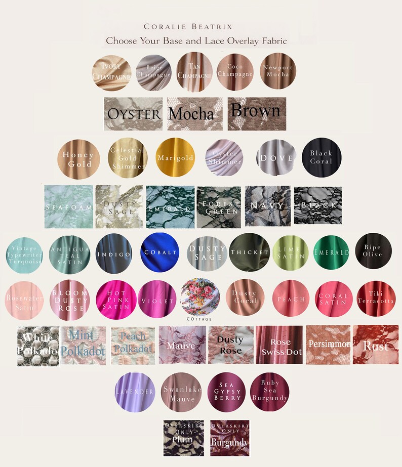 A chart of lace fabric swatches  'White', 'Ivory', 'Light Grey'Mocha', 'Brown', 'Oyster', Dusty Sage, 'Seafoam', 'Mint Polkadot', 'Peach Polkadot', 'Mauve', 'Heather Ruffle', 'Wisteria Ruffle', 'Dusty Peach Ruffle', 'Persimmon', 'Rust', 'Dusty Rose', 'Rose Swiss Dot', 'Peacock', 'Navy', Dusty ‘Sage, Emerald, Forest Green', 'Black', 'Black Floral', Plum, mauve, peach polkadot, mint polkadot White polkadot