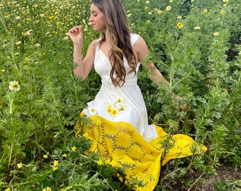 Quilt Look 1970's Daisy Embroidered Infinity Wrap Dress.  Custom Made in California. Plus, Petite, Tall. Wedding Dress, Prom, Elopement