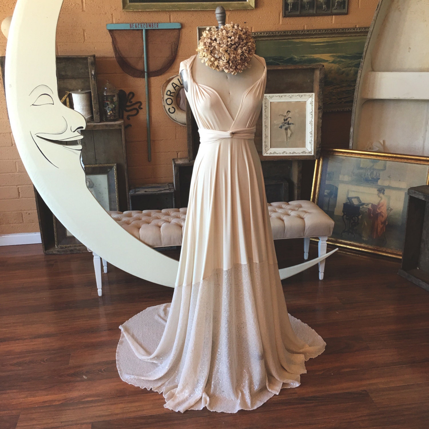 Ready Made Standard Sz., extra long 52w/ Train Ivory Sequin Sparkle