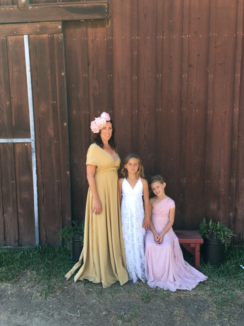 Mother and Daughter in complementary Infinity Wrap Dresses. Girls with chiffon an lace overskirts in gold, blush, and white. Great for Flower girl, junior bridesmaids, mother of the bride