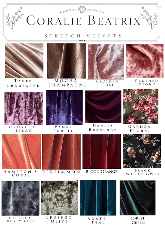 Velvet Fabric Swatch: 4-Way Stretch Velvet - .99 each. w/ Free U.S Shipping. Coralie Beatrix
