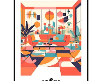 Impresión de arte interior moderno de mediados de siglo, arte mural geométrico colorido, póster de decoración retro para el hogar, diseño abstracto inspirado en la Bauhaus, contemporáneo