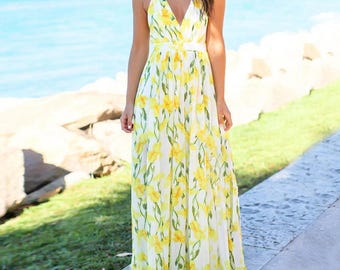Ladies Boho Floral Maxi Dress Cocktail Party Evening Summer Beach Sundress Gift for Women Maxi Flowers Dress Beach Lemon Dress Black Dress