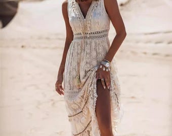 Womens Crochet Maxi Dress Spaghetti Strap V Neck Cami Knit Beach Boho Sundress Cami Sun Dress for Women Beach Dress for Women Summer Dress