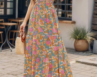 Womens Casual Floral Print Short Sleeve Crew Neck Smocked High Waist Maxi Dress Floral Print Women Dress Beach Summer Dress Gift for Wife