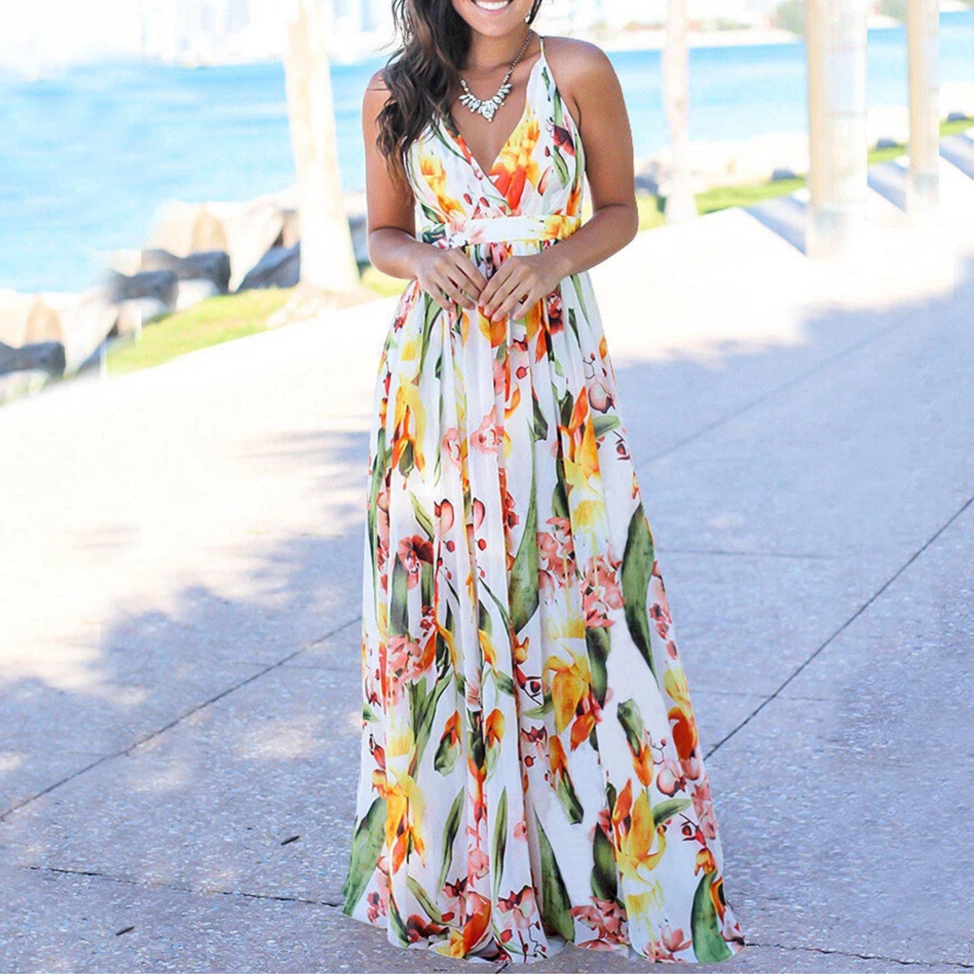 Women Ladies Boho Floral Maxi Dress Cocktail Party Evening Summer Beach Sundress Gift for Women Maxi Flowers Dress Beach Summer Dress Gift