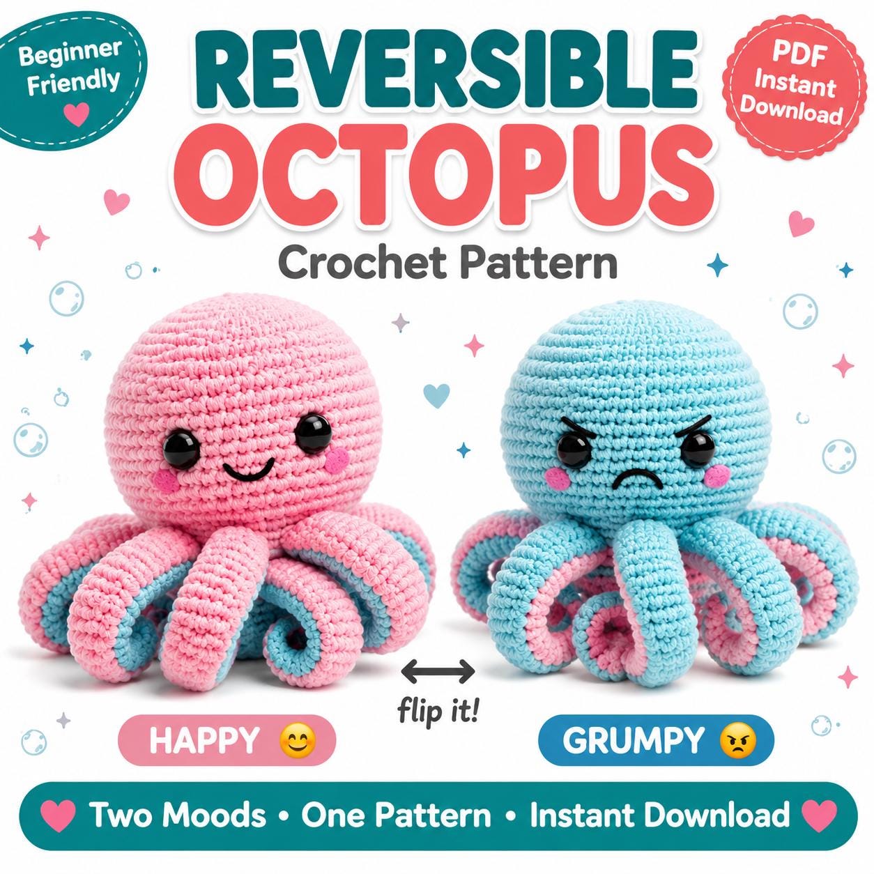 39 Octopus Crochet Patterns for Amigurumi, Plushies, Keychains, and Statement Makes 34 Reversible Octopus Happy Sad Amigurumi