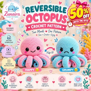 Puede incluir: Un patrón de ganchillo digital para un peluche de pulpo reversible. La imagen muestra un pulpo rosa feliz y un pulpo azul gruñón, con texto que incluye Reversible Octopus, Crochet Pattern, Two Moods, One Pattern y 50% Off.