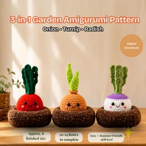 Vegetable Crochet Pattern PDF, Amigurumi Onion Turnip Radish, Easy Veggie Plush Toys Set, Cute Kawaii Garden Nursery Gift, Digital Download