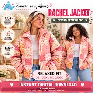 Può includere: Un cartamodello digitale per la giacca Rachel di Zunaira Sew Patterns. La giacca presenta un design patchwork con varie stampe floreali nei toni del rosa, arancione e bianco, un colletto alto e una vestibilità rilassata nelle taglie da XS a XXXL.