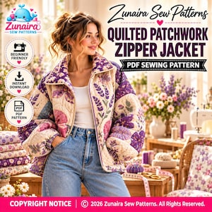 May include: A quilted patchwork zipper jacket featuring purple and cream floral patterns. The text reads Zunaira Sew Patterns, Quilted Patchwork Zipper Jacket, and PDF Sewing Pattern. Icons indicate beginner friendly and instant download.