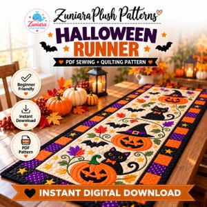 Könnte beinhalten: Ein PDF-Näh- und Quiltmuster für einen Halloween-Tischläufer von Zuniara Plush Patterns. Das Design zeigt schwarze Katzen, Kürbisse mit Hexenhüten, Fledermäuse und Herbstblätter auf gestepptem Stoff. Enthält einen sofortigen digitalen Download.