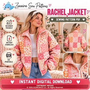 May include: A digital sewing pattern for the Rachel Jacket, featuring a patchwork design with floral patterns in shades of pink, orange, and white. The image displays the jacket on a model, including front and back views, with text labels.