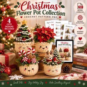 Puede incluir: Un patrón de ganchillo digital en PDF titulado Christmas Flower Pot Collection que muestra cuatro diseños de plantas tejidas en macetas color crema con caras. El conjunto incluye un árbol de Navidad, una flor de Pascua, bastones de caramelo y un reno con un petirrojo.