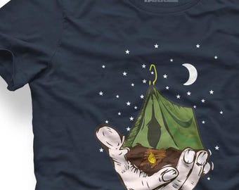 Camping Night Graphic T-Shirt – Original Tent & Campfire Illustration | Night Sky Adventure Shirt | Outdoor Tee