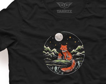 Fox Moon Graphic Tee: Hand-Drawn Forest Night Scene