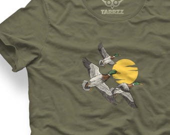 Flying Ducks Graphic Tee | Sunset Wildlife Art Shirt | Mallard Bird Nature T-Shirt