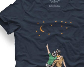 Couple Star Gazing T-Shirt: Romantic Art Tee, Handmade in Istanbul