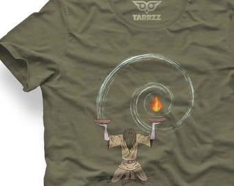 Spiritual Fire Art Print T-Shirt: Khaki Unisex Tee, Boho Minimalist Design