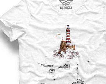 Atlas Lighthouse Graphic Tee: Vintage Nautical Art, White Unisex T-Shirt