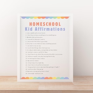 Homeschool Kid Affirmations Wall Art, List of 20 positive affirmations, Digital Download, Homeschool Motivation for Kids
