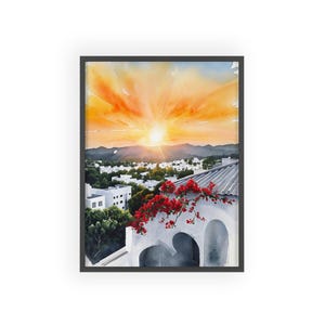 Arte murale, dipinto ad acquerello di un sereno tramonto su un paesaggio urbano, decorazione per la casa con paesaggio urbano, poster di grandi dimensioni, decorazione murale moderna