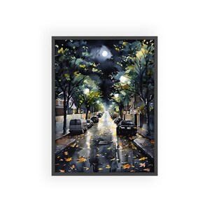 Arte murale, scena di strada urbana notturna con asfalto bagnato e foglie autunnali, arredamento per la casa, poster grande, decorazione murale moderna, regalo per la città