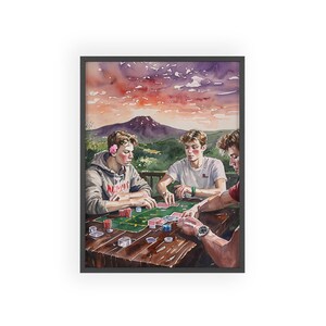 Póster enmarcado, Jugadores de cartas al atardecer, Arte mural, Decoración del hogar, Regalo para una noche de juegos, Póster de atardecer