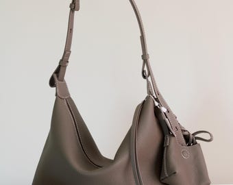 Genuine Leather Hobo Shoulder Bag , Taupe Large And Practical Bag For Women, Minimalist Slouchy Everyday Handbag with Pouch