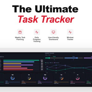 Puede incluir: Interfaz digital para un rastreador de tareas, con un tema oscuro y barras de progreso y gráficos coloridos. El texto "The Ultimate Task Tracker" se muestra en la parte superior, con iconos para la planificación semanal, el seguimiento diario, el panel y el seguimiento de la mentalidad.
