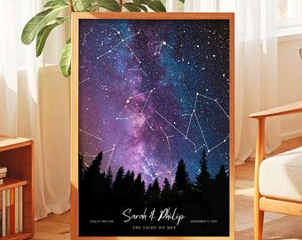 Mapa estelar personalizado por fecha, cielo nocturno personalizado, regalo de mapa estelar de aniversario de bodas para pareja, regalo de compromiso para amigos, primer aniversario