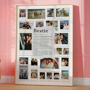 May include: A framed collage featuring multiple photographs, arranged around a central text that reads "Bestie." The photos depict groups of people, likely friends, in various settings. The frame is gold, and the background is a pink wall.