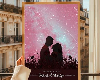 Impression personnalisée de carte des étoiles, cadeaux d'anniversaire là où tout a commencé, impression de ciel nocturne, carte des étoiles, nuit de notre rencontre, cadeau de mariage, cadeau d'anniversaire pour elle, affiche