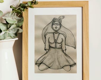 May include: Pencil sketch art print in a wooden frame. The artwork depicts a figure in traditional attire, with a hat and feather. The figure is kneeling, with long flowing hair and a detailed outfit. The drawing is in shades of gray.