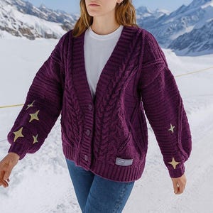 Chunky crochet cardigan with stars -Handmade crochet cardigan winter - Boho winter sweater women -Purple oversized crochet Boho sweater